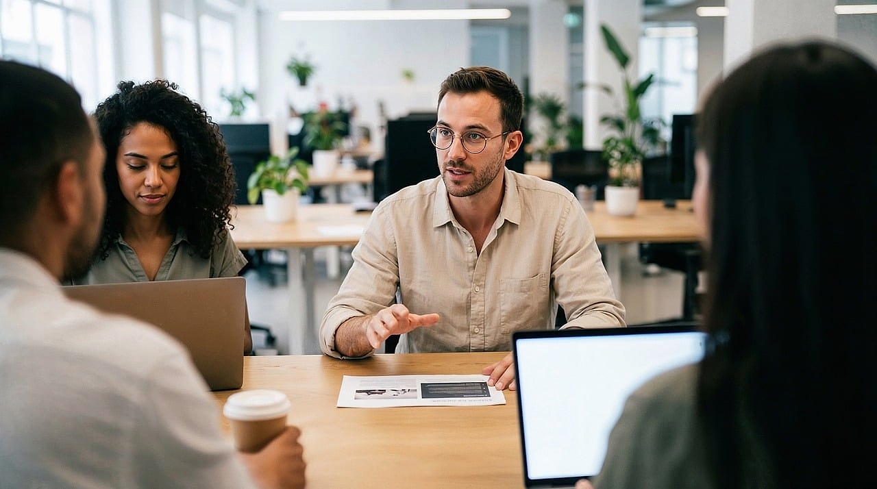 Business team discussing insurance policies in an office